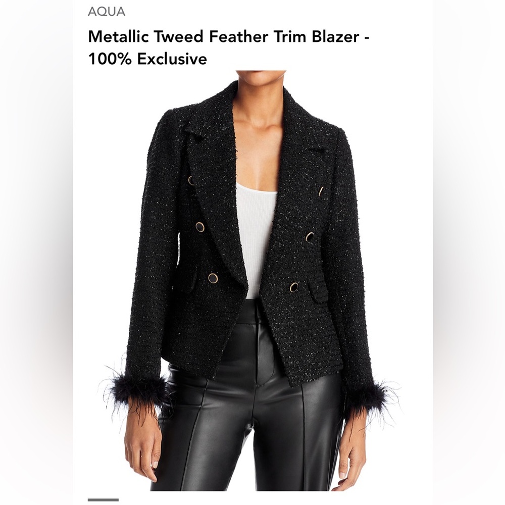 Aqua Metallic Tweed Feather Trim Blazer